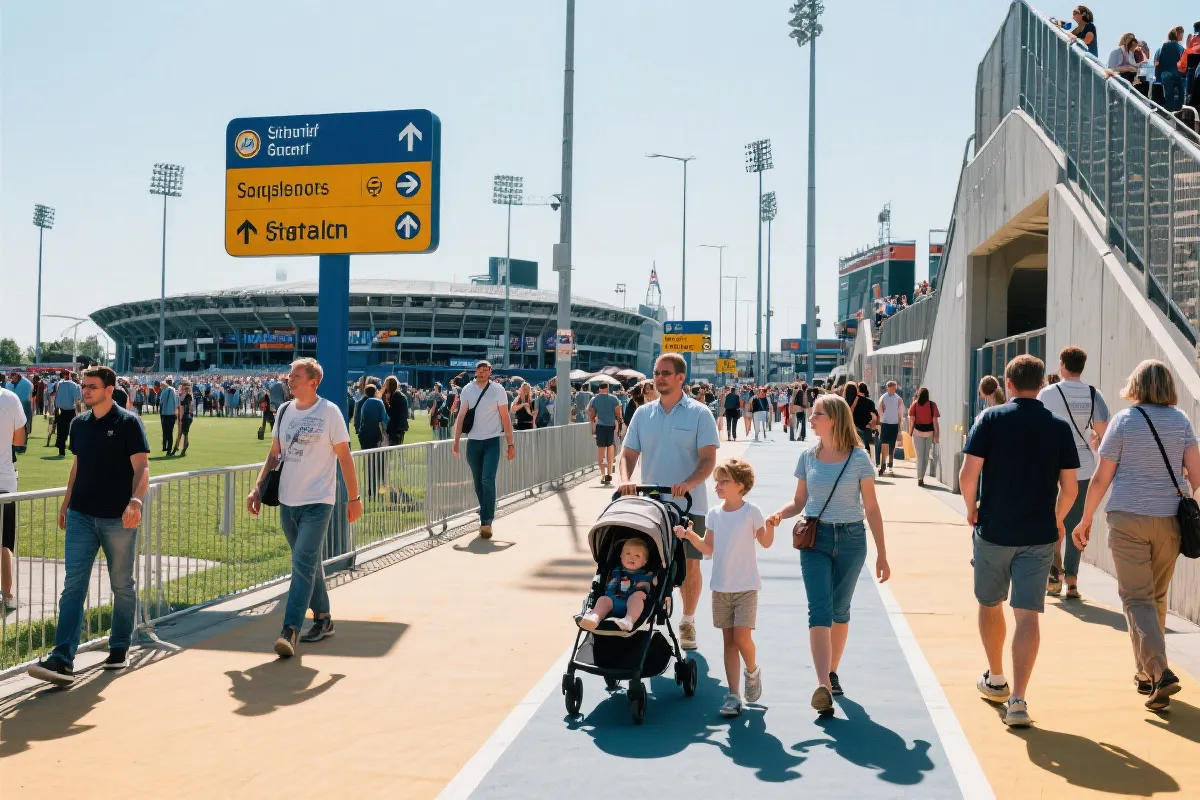 比赛散场后明亮的人行步道与清晰导视牌，家庭缓慢步行的场景